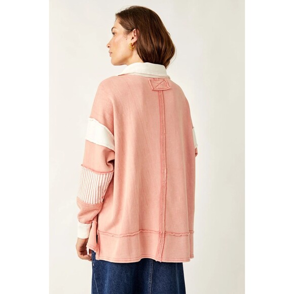 Free People We The Free Clean Prep Polo Pullover Top Oversized Striped XS 281002 - Picture 3 of 8